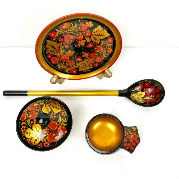 Vintage Russian Lacquerware Khokhloma Set Of 5 Wooden Items - Picture 3 of 16